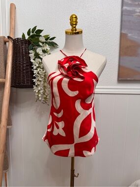 Mango Red and White Satin Floral-Rosette Halter Camisole
